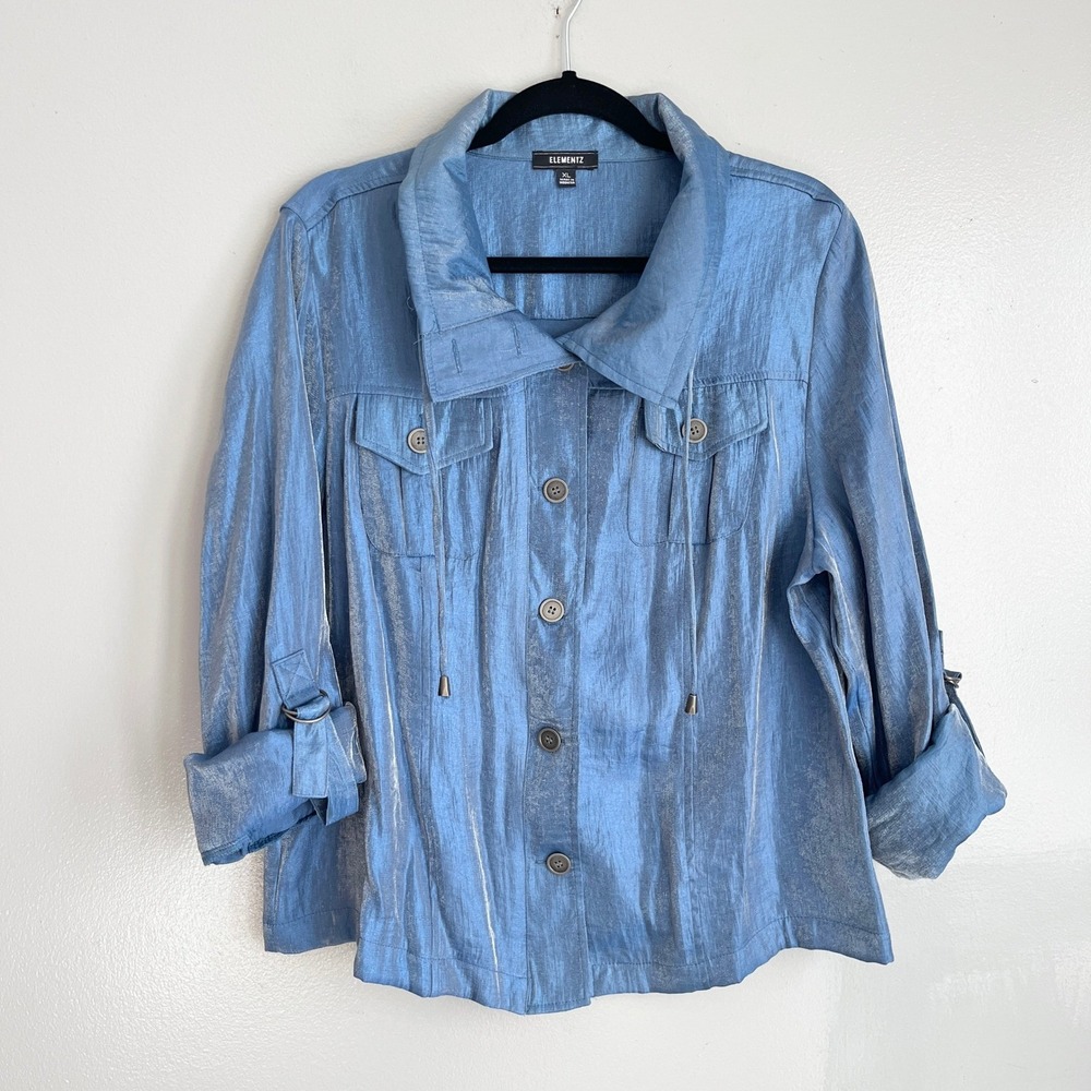 Elementz Shimmer Jacket Womens XL Blue Metallic Roll Tab Utility Coastal Grandma